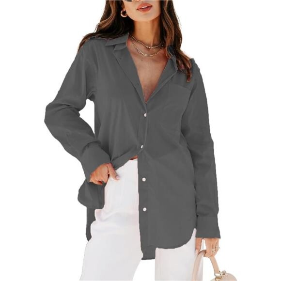 Tops - Womens Button Down Shirts Long Sleeve Grey